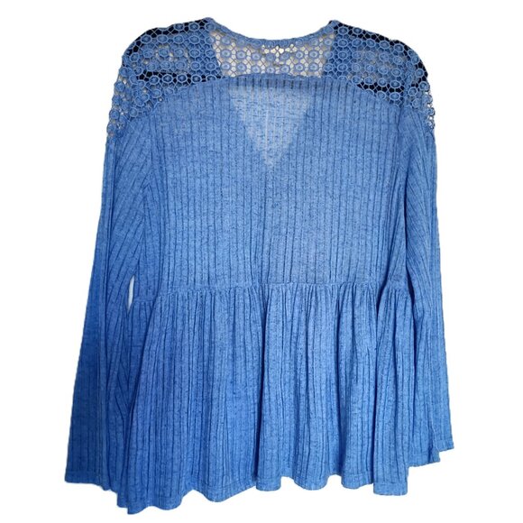 Babydoll Top Semi-Sheer Gauzy Blue Flaired Long Sleeve Lace Shoulders EUC Large - Picture 3 of 7